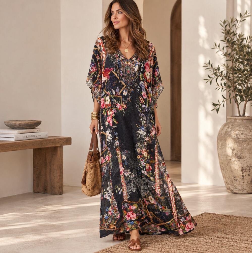 CAMILLA Hive Hampton V-Neck Silk Kaftan One Size $1,200 {3U10}